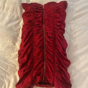 Betsy Johnson Elegant Red Ruched Satiny Dress with Zipper Front